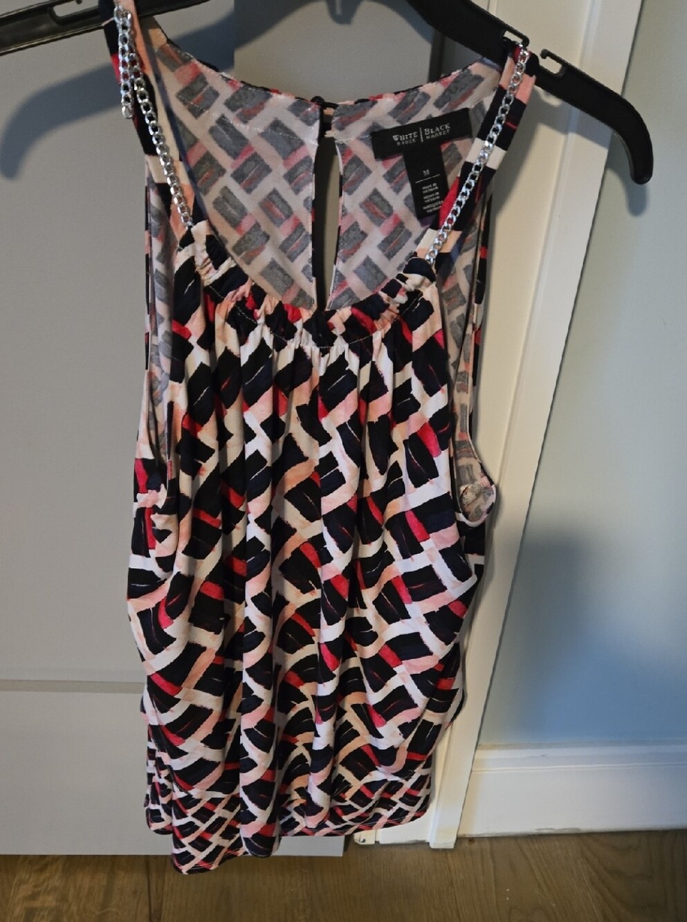 White House Black Market Pink, Black & White Geometric Chain-Trim Tank